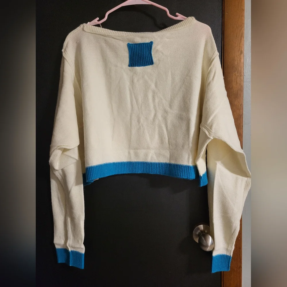 Free People Cream Cropped Sweater with Teal Trim - Picture 8 of 16